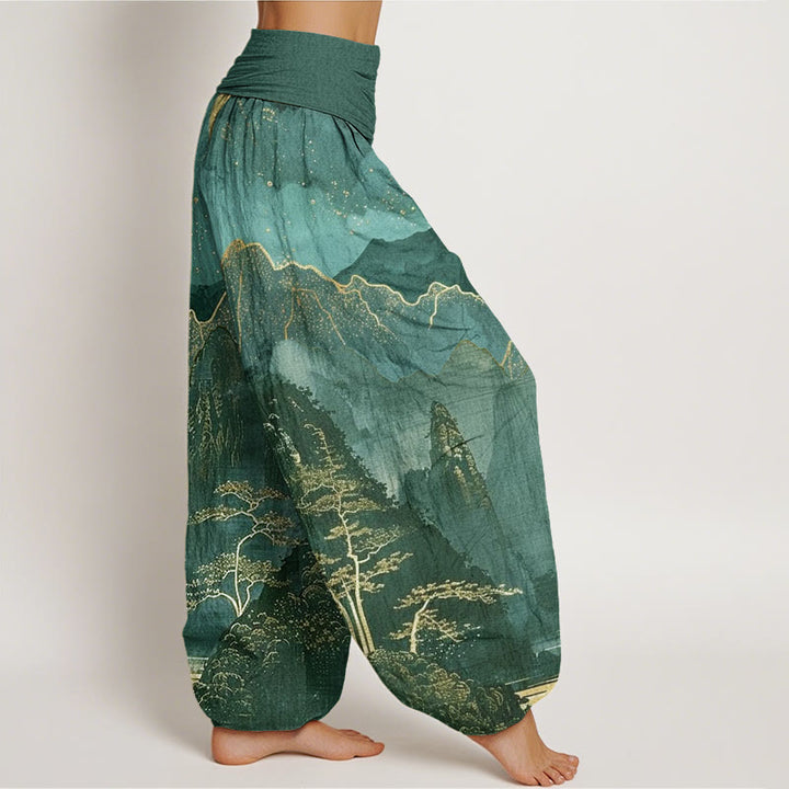 Buddha Stones harem da donna con elastico in vita, in cotone, casual, motivo: luna piena, montagne, alberi e fiume - image 8