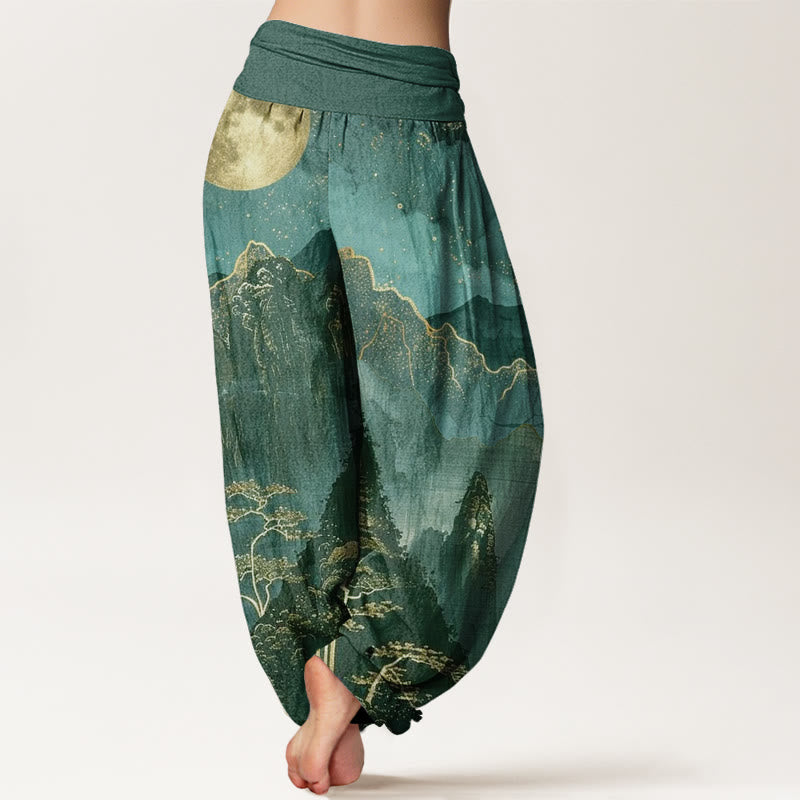 Buddha Stones harem da donna con elastico in vita, in cotone, casual, motivo: luna piena, montagne, alberi e fiume - image 9