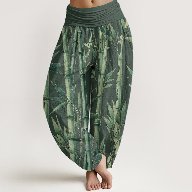 Pantaloni harem da donna con elastico in vita, in cotone, casual, con motivo a foglie di bambù, motivo Buddha Stones - Verde scuro - US22, UK/AU26, EU54 (6XL) - image 4