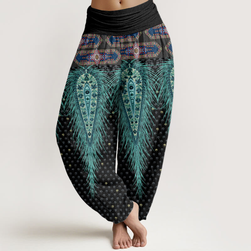 Pantaloni harem con elastico in vita da donna, con design di piume di ispirazione bohémien, Buddha Stones - Nero - US22, UK/AU26, EU54 (6XL) - image 1