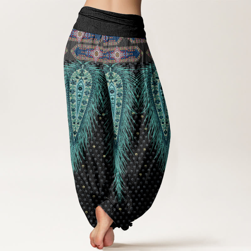 Pantaloni harem con elastico in vita da donna, con design di piume di ispirazione bohémien, Buddha Stones - image 2