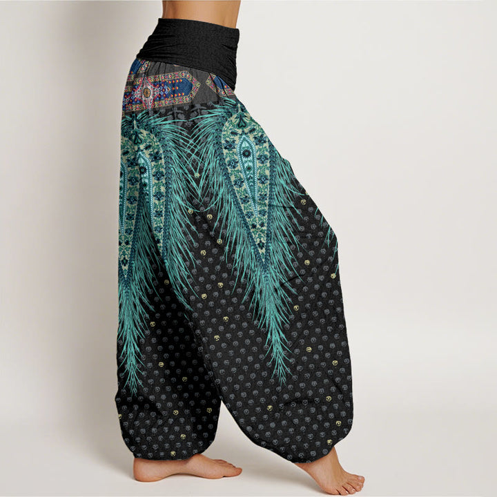 Pantaloni harem con elastico in vita da donna, con design di piume di ispirazione bohémien, Buddha Stones - image 3