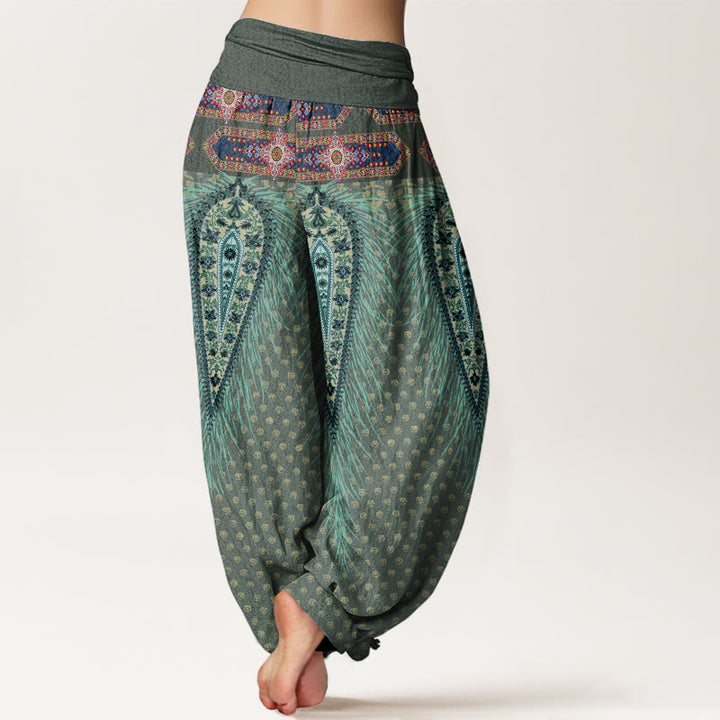 Pantaloni harem con elastico in vita da donna, con design di piume di ispirazione bohémien, Buddha Stones - image 6