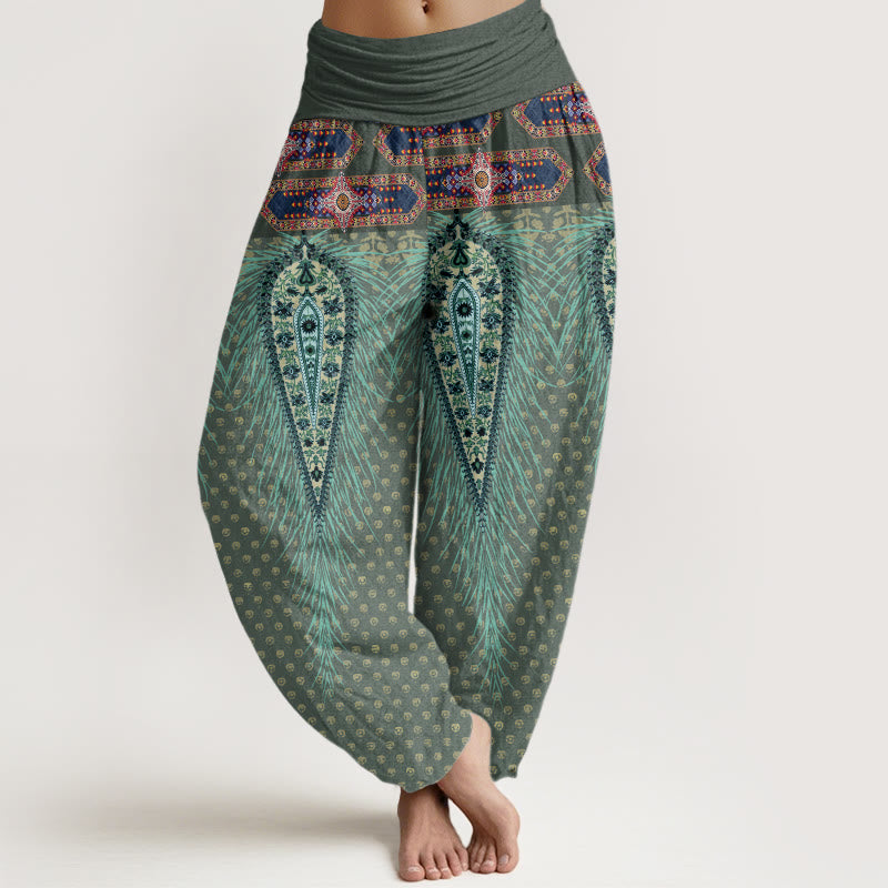 Pantaloni harem con elastico in vita da donna, con design di piume di ispirazione bohémien, Buddha Stones - DarkSeaGreen - US22, UK/AU26, EU54 (6XL) - image 5