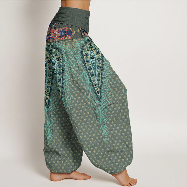 Pantaloni harem con elastico in vita da donna, con design di piume di ispirazione bohémien, Buddha Stones - image 7