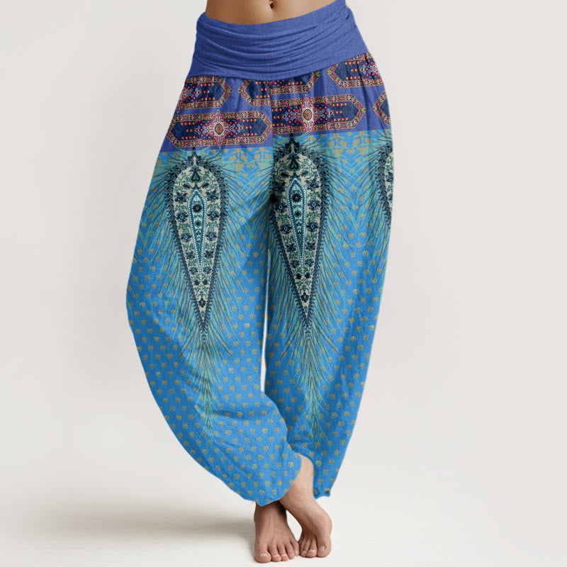 Pantaloni harem con elastico in vita da donna, con design di piume di ispirazione bohémien, Buddha Stones - DodgerBlue - US22, UK/AU26, EU54 (6XL) - image 8