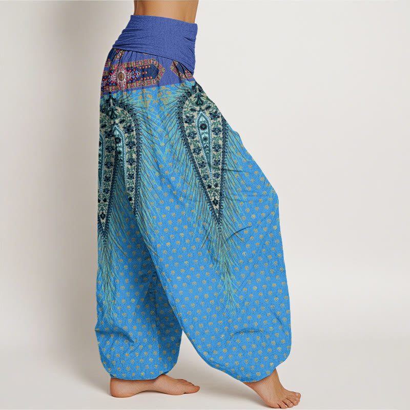 Pantaloni harem con elastico in vita da donna, con design di piume di ispirazione bohémien, Buddha Stones - image 10