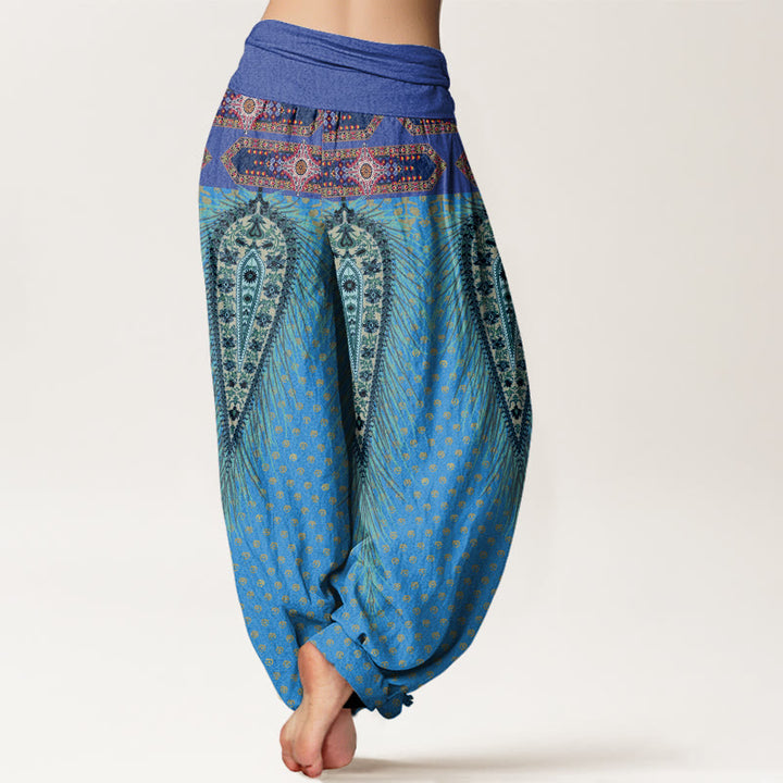 Pantaloni harem con elastico in vita da donna, con design di piume di ispirazione bohémien, Buddha Stones - image 9