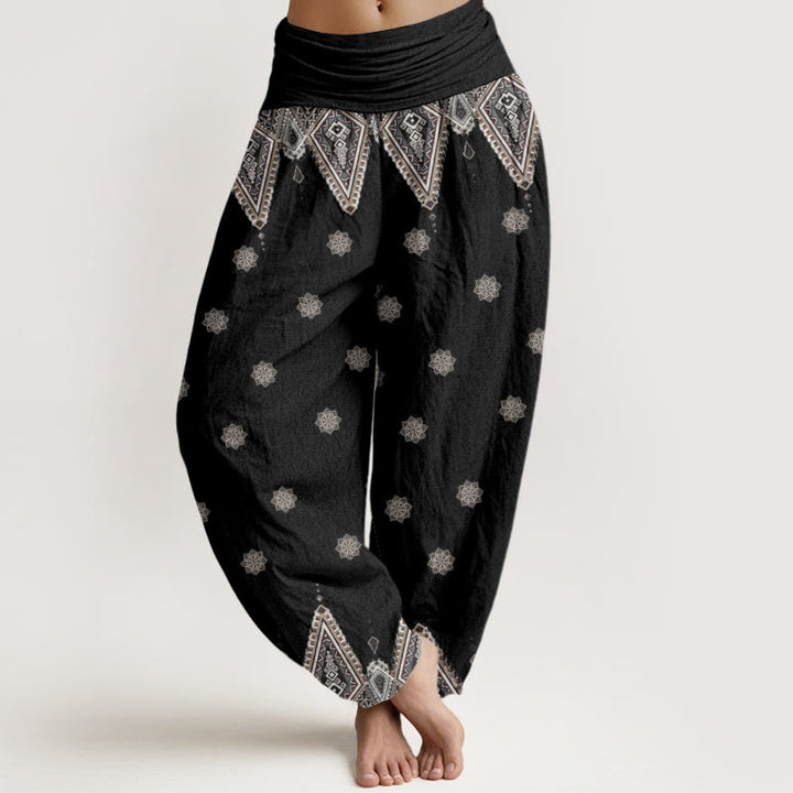 Pantaloni harem elastici in vita da donna con motivo geometrico floreale bohémien Buddha Stones - Nero - US22, UK/AU26, EU54 (6XL) - image 0