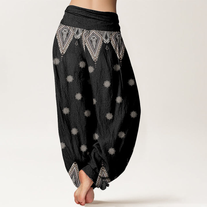 Pantaloni harem da donna con elastico in vita, in cotone, con motivo geometrico floreale bohémien, motivo Buddha Stones - image 1