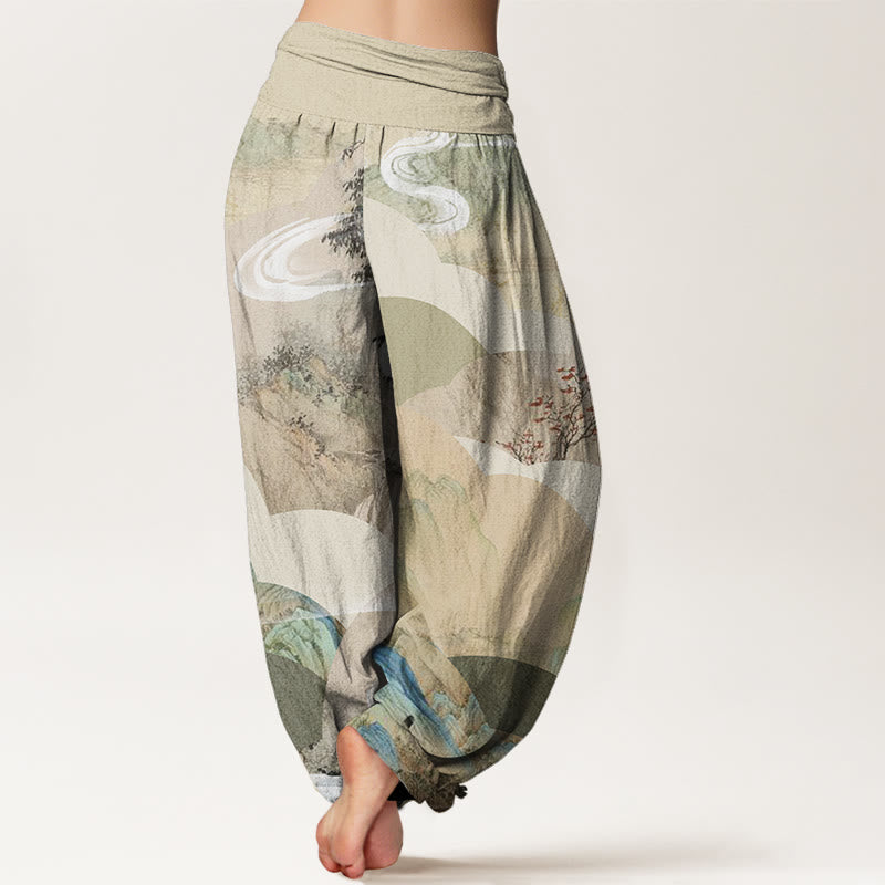 Pantaloni harem elastici in vita da donna con motivo Buddha Stones Chinese Landscape Mountains Fiumi Mist - image 1
