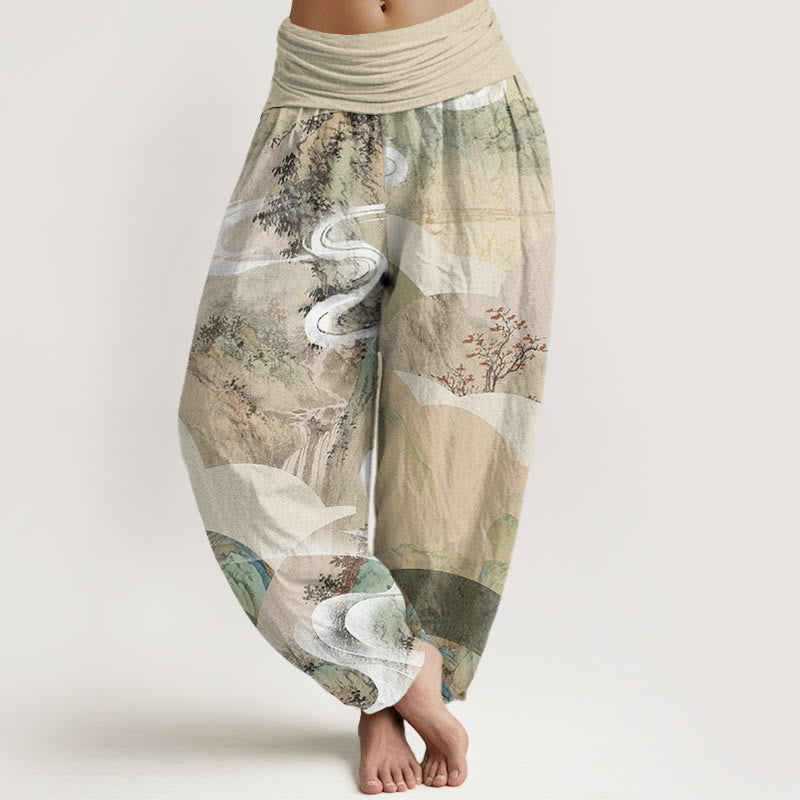 Pantaloni harem elastici in vita da donna con motivo Buddha Stones Chinese Landscape Mountains Fiumi Mist - Beige - US22, UK/AU26, EU54 (6XL) - image 1