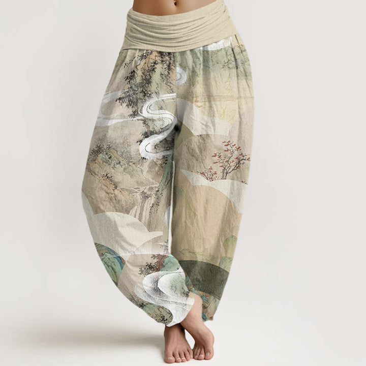 Pantaloni harem elastici in vita da donna con motivo Buddha Stones Chinese Landscape Mountains Fiumi Mist - Beige - US22, UK/AU26, EU54 (6XL) - image 1