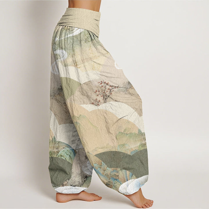 Pantaloni harem elastici in vita da donna con motivo Buddha Stones Chinese Landscape Mountains Fiumi Mist - image 2