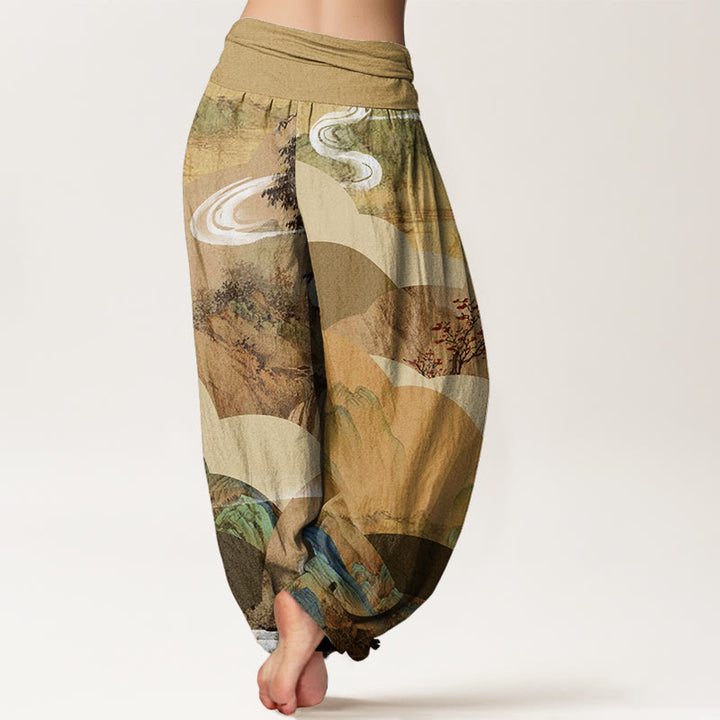 Pantaloni harem elastici in vita da donna con motivo Buddha Stones Chinese Landscape Mountains Fiumi Mist - image 5