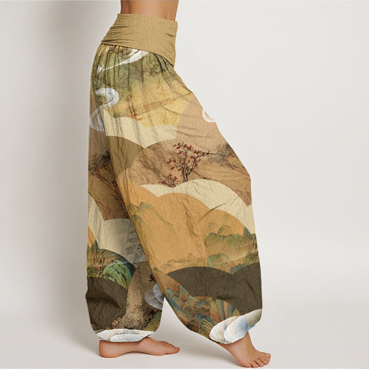 Pantaloni harem elastici in vita da donna con motivo Buddha Stones Chinese Landscape Mountains Fiumi Mist - image 7