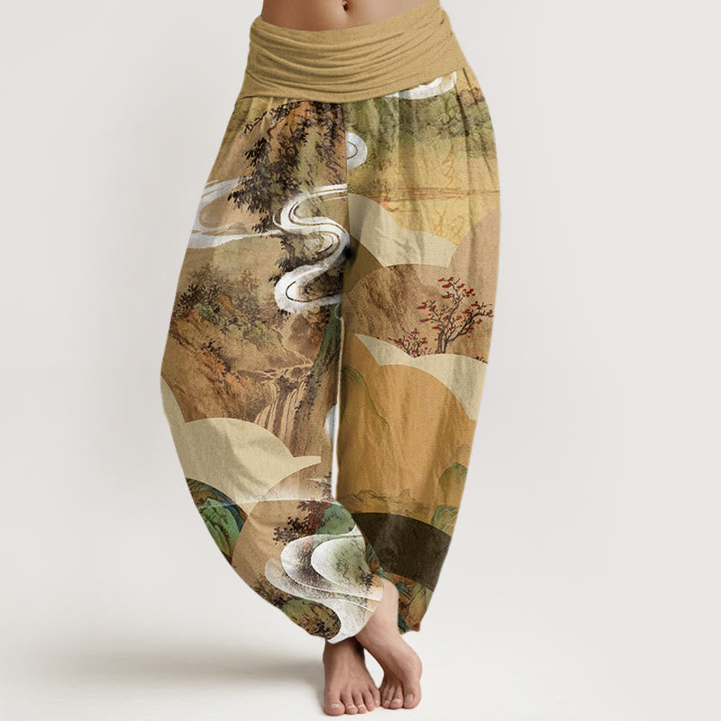 Pantaloni harem elastici in vita da donna con motivo Buddha Stones Chinese Landscape Mountains Fiumi Mist - Cachi - US22, UK/AU26, EU54 (6XL) - image 5