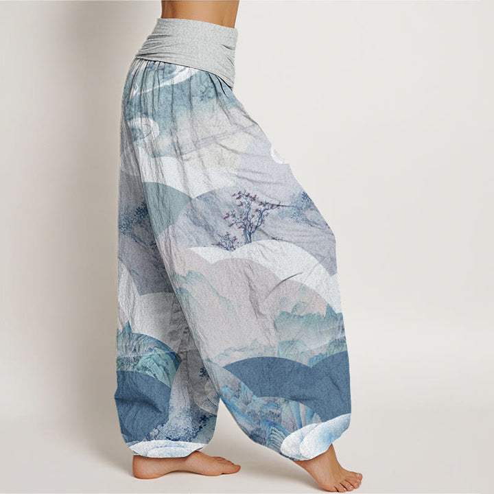 Pantaloni harem elastici in vita da donna con motivo Buddha Stones Chinese Landscape Mountains Fiumi Mist - image 9