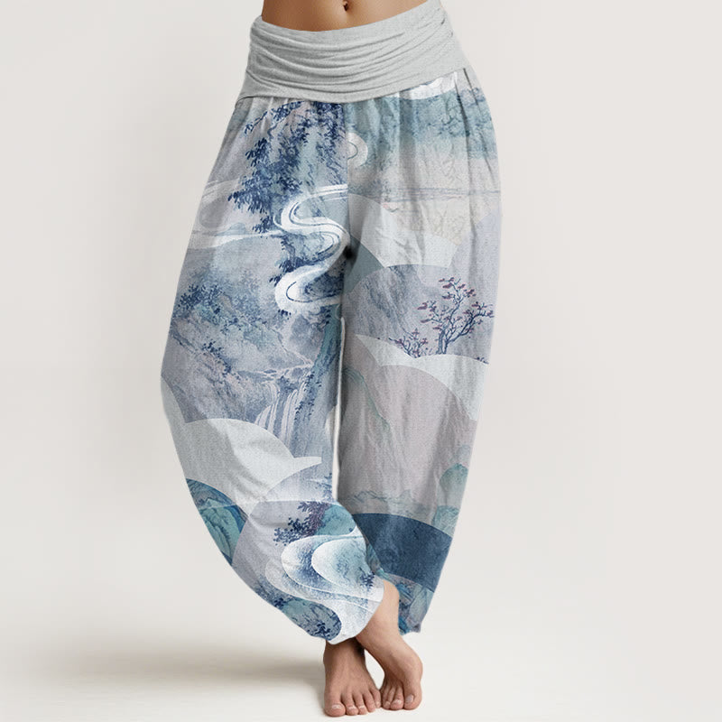 Pantaloni harem elastici in vita da donna con motivo Buddha Stones Chinese Landscape Mountains Fiumi Mist - Azzurro - US22, UK/AU26, EU54 (6XL) - image 7