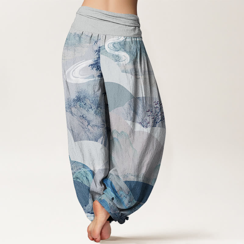 Pantaloni harem elastici in vita da donna con motivo Buddha Stones Chinese Landscape Mountains Fiumi Mist - image 9