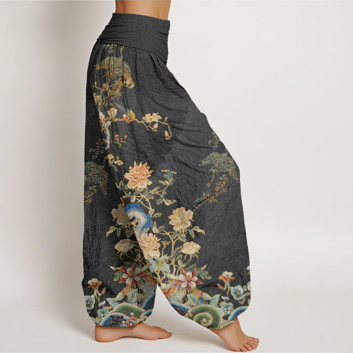 Pantaloni harem elastici in vita da donna con motivo Buddha Stones Pavoni Fiori gialli - image 3