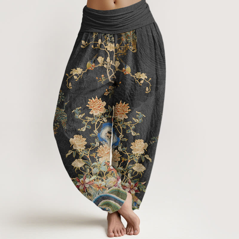 Pantaloni harem elastici in vita da donna con motivo Buddha Stones Pavoni Fiori gialli - Nero - US22, UK/AU26, EU54 (6XL) - image 1