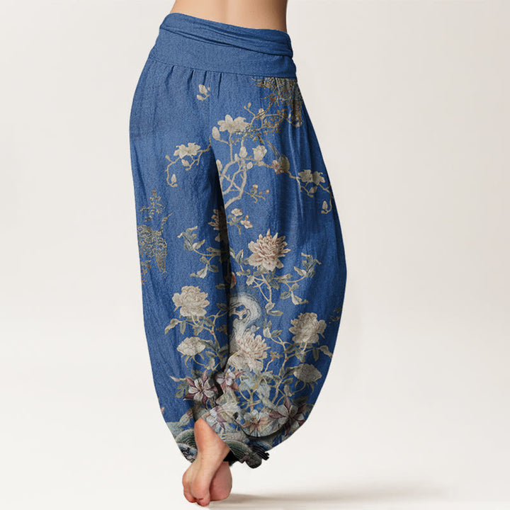 Pantaloni harem elastici in vita da donna con motivo Buddha Stones Pavoni Fiori gialli - image 6