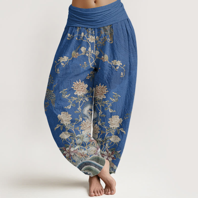 Pantaloni harem elastici in vita da donna con motivo Buddha Stones Pavoni Fiori gialli - Blu Reale - US22, UK/AU26, EU54 (6XL) - image 5