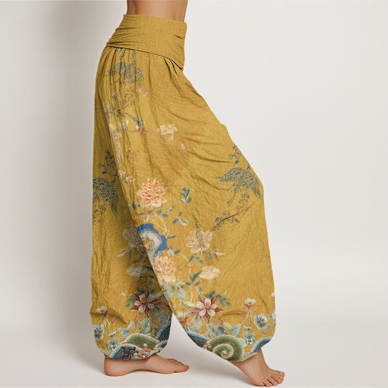 Pantaloni harem elastici in vita da donna con motivo Buddha Stones Pavoni Fiori gialli - image 10
