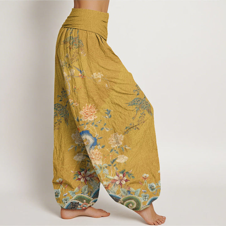 Pantaloni harem elastici in vita da donna con motivo Buddha Stones Pavoni Fiori gialli - image 10