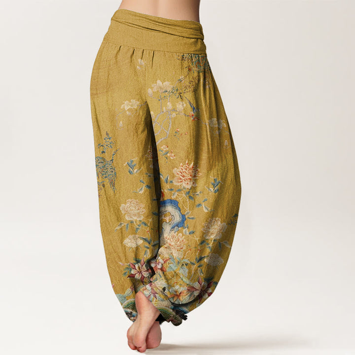 Pantaloni harem elastici in vita da donna con motivo Buddha Stones Pavoni Fiori gialli - image 9