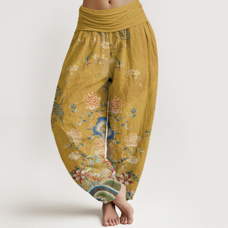 Pantaloni harem elastici in vita da donna con motivo Buddha Stones Pavoni Fiori gialli - Cachi - US22, UK/AU26, EU54 (6XL) - image 8