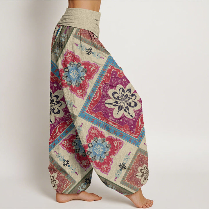 Pantaloni harem elastici in vita da donna con motivo floreale geometrico a forma di diamante, motivo Buddha Stones - image 3