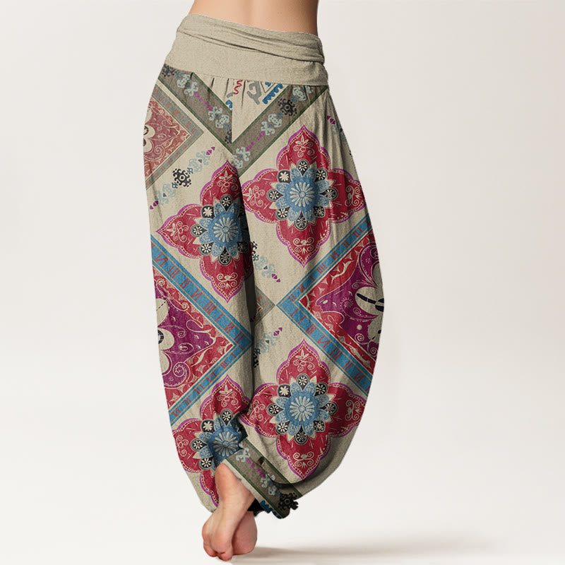 Pantaloni harem elastici in vita da donna con motivo floreale geometrico a forma di diamante, motivo Buddha Stones - image 2