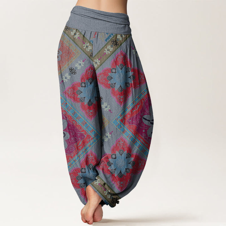 Pantaloni harem elastici in vita da donna con motivo floreale geometrico a forma di diamante, motivo Buddha Stones - image 6