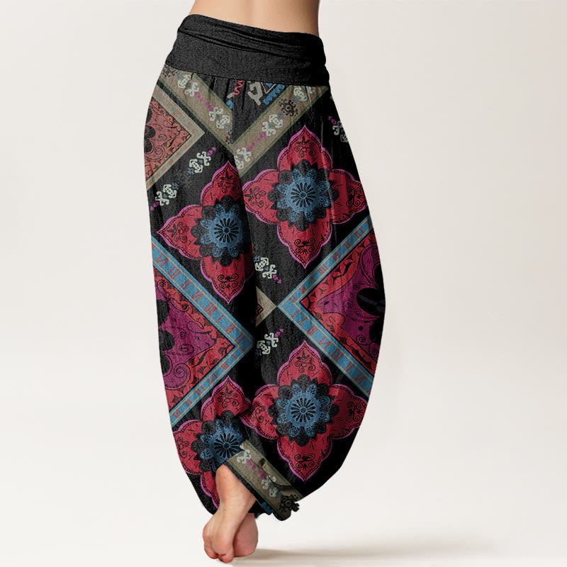 Pantaloni harem elastici in vita da donna con motivo floreale geometrico a forma di diamante, motivo Buddha Stones - image 9