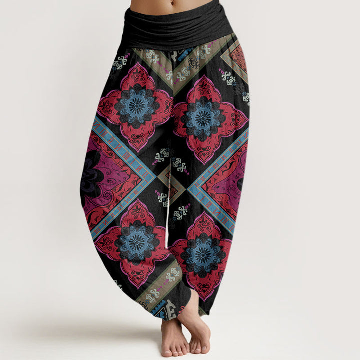 Pantaloni harem elastici in vita da donna con motivo floreale geometrico a forma di diamante, motivo Buddha Stones - Nero - US22, UK/AU26, EU54 (6XL) - image 8