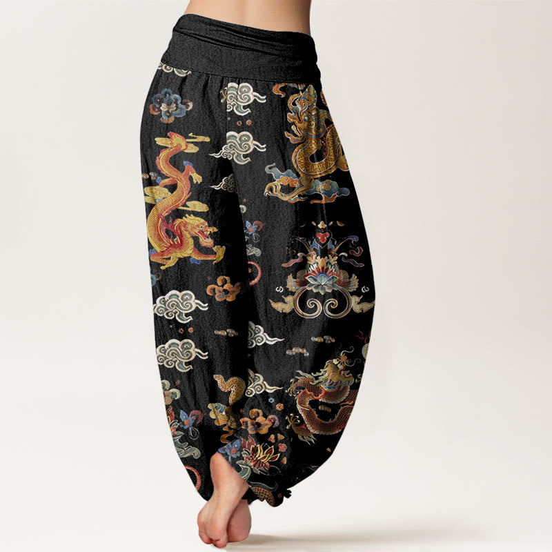 Pantaloni harem da donna con elastico in vita, in Buddha Stones , con draghi dorati e nuvole di buon auspicio - image 2
