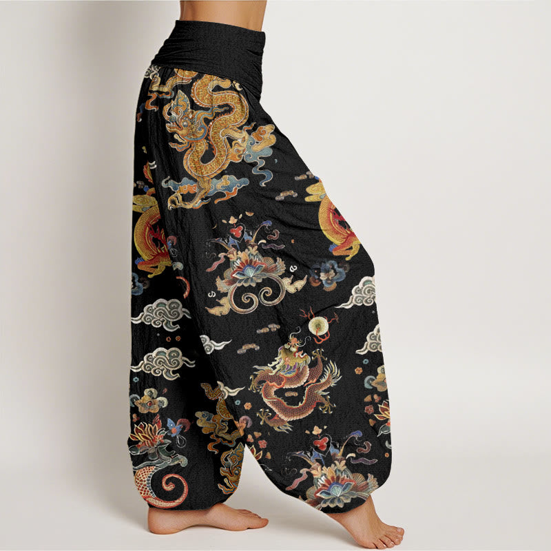 Pantaloni harem da donna con elastico in vita, in Buddha Stones , con draghi dorati e nuvole di buon auspicio - image 1
