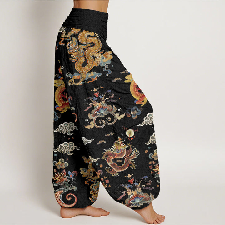 Pantaloni harem da donna con elastico in vita, in Buddha Stones , con draghi dorati e nuvole di buon auspicio - image 1