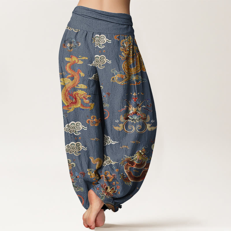 Pantaloni harem da donna con elastico in vita, in Buddha Stones , con draghi dorati e nuvole di buon auspicio - image 5