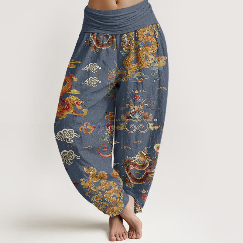 Pantaloni harem da donna con elastico in vita, in Buddha Stones , con draghi dorati e nuvole di buon auspicio - SteelBlue - US22, UK/AU26, EU54 (6XL) - image 4