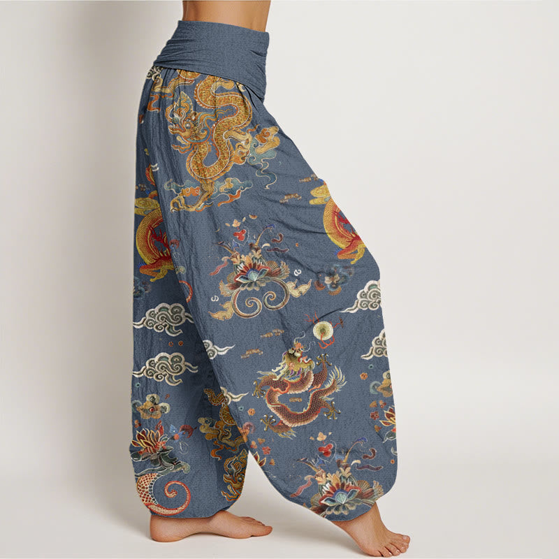 Pantaloni harem elastici in vita da donna con design di Buddha Stones Golden Dragons e nuvole di buon auspicio - image 7