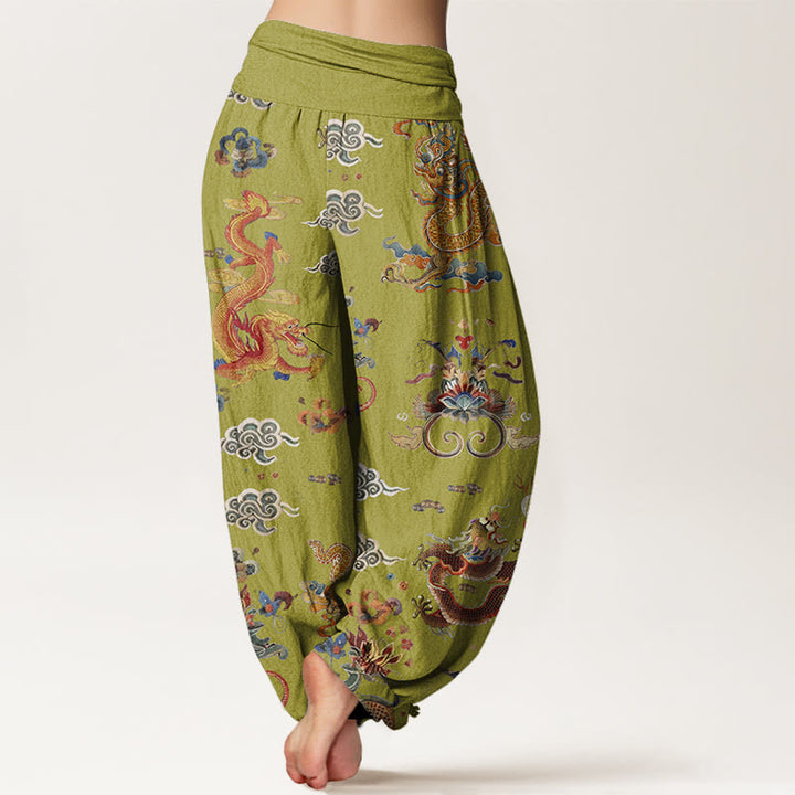Pantaloni harem da donna con elastico in vita, in Buddha Stones , con draghi dorati e nuvole di buon auspicio - image 8