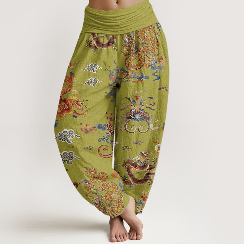 Pantaloni harem da donna con elastico in vita, in Buddha Stones , con draghi dorati e nuvole di buon auspicio - GialloVerde - US22, UK/AU26, EU54 (6XL) - image 7