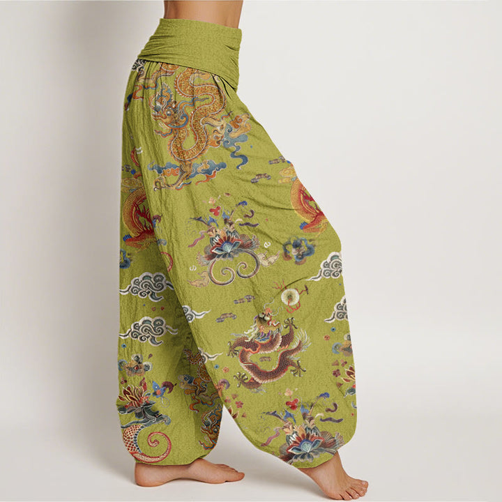 Pantaloni harem elastici in vita da donna con design di Buddha Stones Golden Dragons e nuvole di buon auspicio - image 10