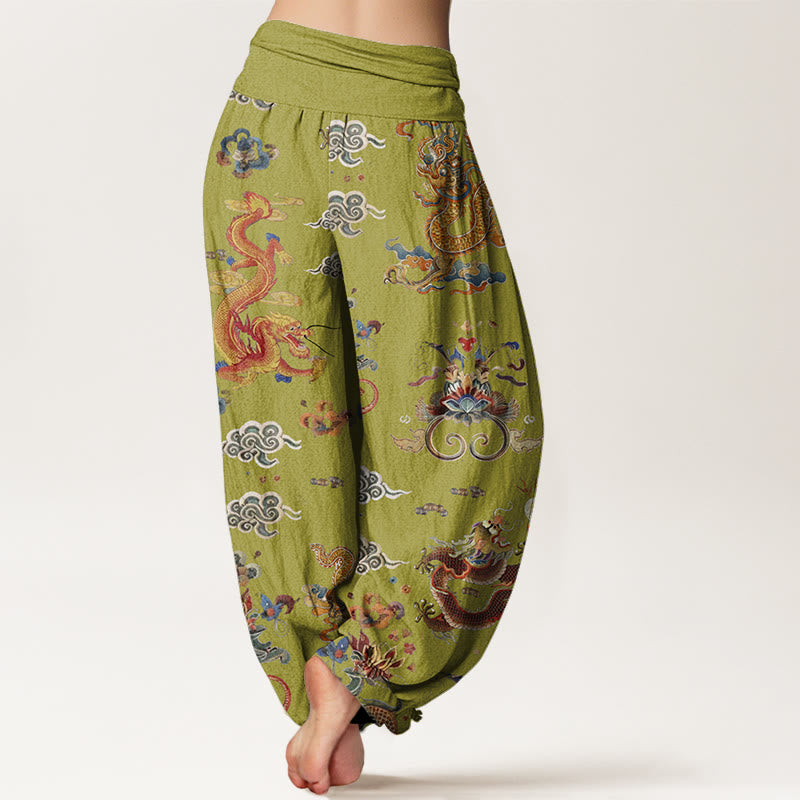 Pantaloni harem elastici in vita da donna con design di Buddha Stones Golden Dragons e nuvole di buon auspicio - image 9