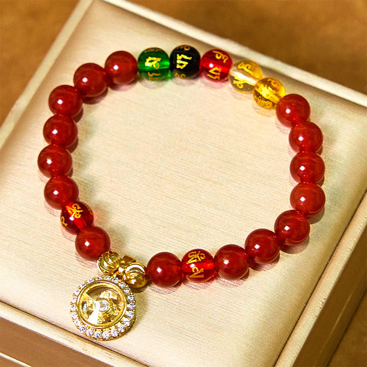Buddha Stones Agata rossa Om Mani Padme Hum Cinque direzioni Dei della ricchezza Zircone Ciclone Charm Braccialetto di accettazione di sé