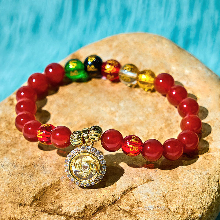 Buddha Stones Agata rossa Om Mani Padme Hum Cinque direzioni Dei della ricchezza Zircone Ciclone Charm Braccialetto di accettazione di sé