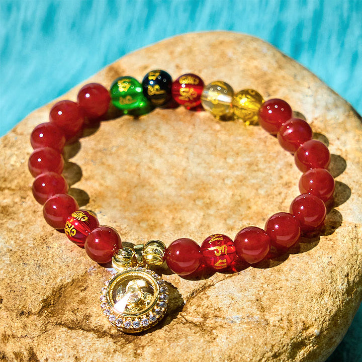 Buddha Stones Agata rossa Om Mani Padme Hum Cinque direzioni Dei della ricchezza Zircone Ciclone Charm Braccialetto di accettazione di sé